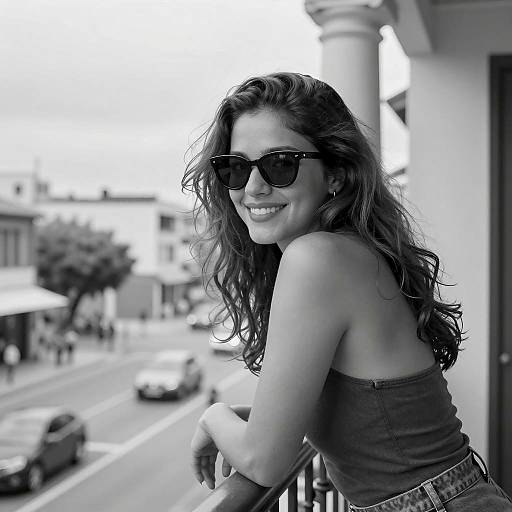 Stylish Woman on Balcony in Black and White