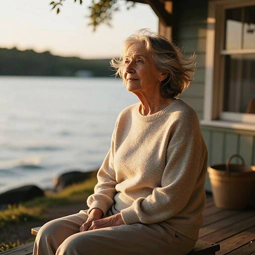 Photograph of an elderly woman with short, windswept gray hair, wearing a beige sweater, sitting on a wooden porch by a lake at sunset