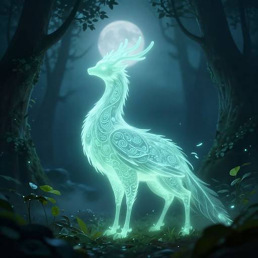 Digital art of a glowing, ethereal deer with intricate, luminescent patterns standing in a dark, moonlit forest. Neon blue light illuminates