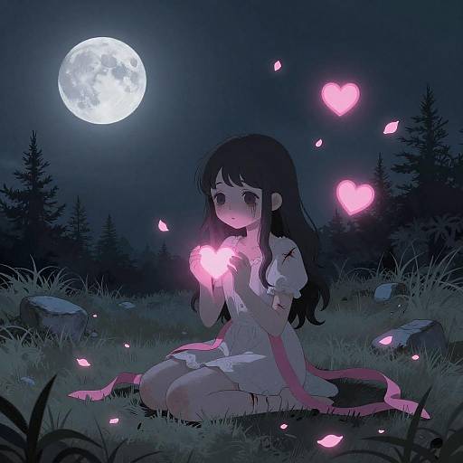 Undead Girl with Glowing Hearts in Moonlit Clearing