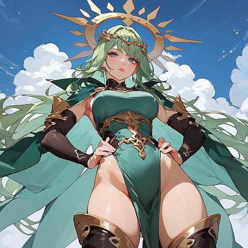 Digital anime-style illustration of a green-haired, blue-eyed goddess with a sun crown, wearing a revealing green and gold armor dress, set against a bright