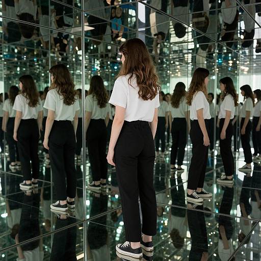 Photograph of a woman with long brown hair, wearing a white t-shirt and black pants, standing in front of a mirrored wall, reflecting multiple versions