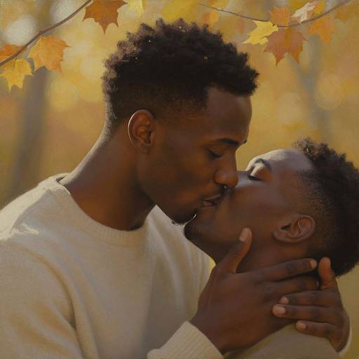 Photograph of two Black men kissing tenderly in an autumn forest, both wearing white sweaters, surrounded by orange leaves. The taller man gently holds