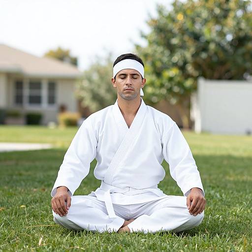 Photograph of a young man with medium skin tone, black hair, and trimmed beard, sitting cross-legged in white martial arts attire and headband,