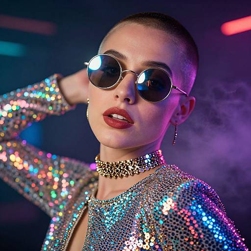 Photograph of a woman with a shaved head, wearing shimmering sequin top, round sunglasses, red lipstick, and gold choker, against a