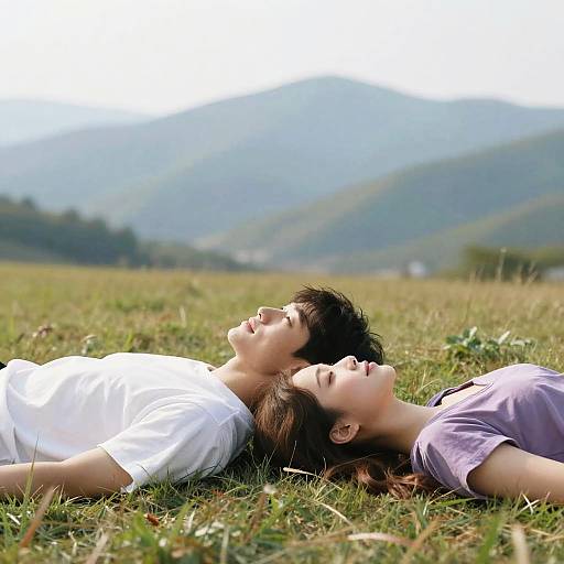 Photograph of two young women, one in white and one in purple, lying on grass with mountainous landscape in background, both gazing up with