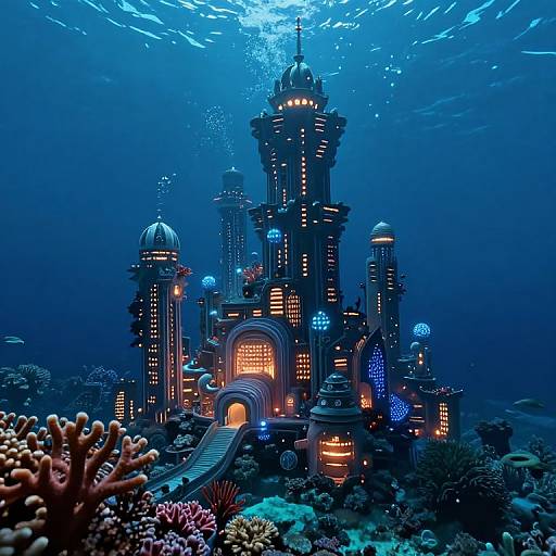 Underwater fantasy castle with glowing lights, surrounded by colorful corals, illuminated domes, and a central staircase, in a vibrant, blue-lit