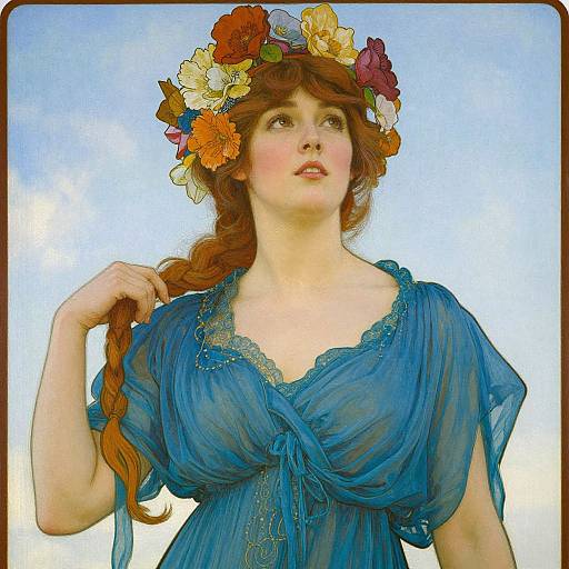 Digital art of a fair-skinned, red-haired woman with a floral crown, wearing a blue, translucent, Victorian-style dress, gazing upwards.