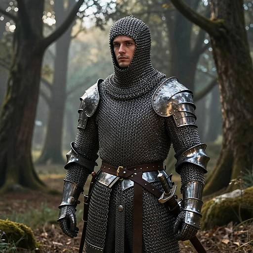 Photograph of a serious-looking man in medieval silver chainmail armor with reflective shoulder and arm plates, standing in a misty, forested background.