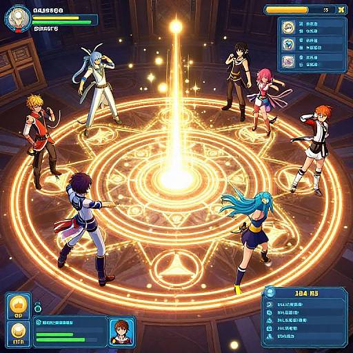 Digital RPG battle scene: seven anime-style characters with colorful hair and outfits, surrounding a glowing magical circle, displaying health bars and stats.