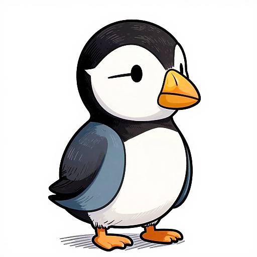 Cartoon-style drawing of a cute, chubby penguin with black head, white face, orange beak, and feet, and blue-gray wings.