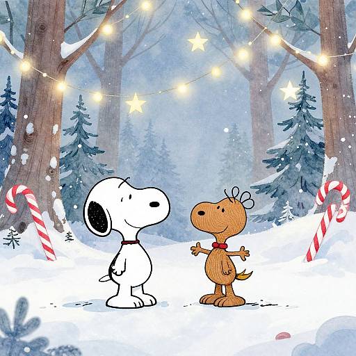 Cartoon winter forest scene with Snoopy and the Little Red-Haired Boy, string lights, snow, and candy canes, surrounded by trees.
