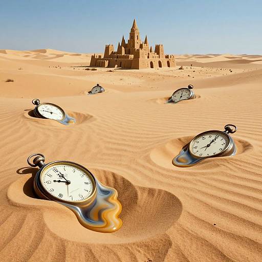 Photorealistic digital image of five clocks sinking into golden sand dunes with a sandcastle in the background under a clear blue sky.