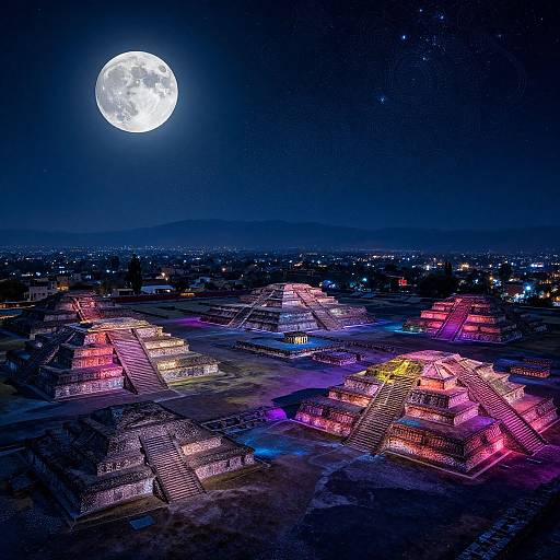 Photograph of brightly-lit, colorful, tiered pyramids under a full moon, with a starry night sky and distant city lights.