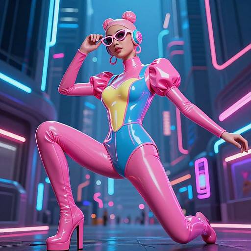 Neon-lit cyberpunk street: vibrant pink latex bodysuit, puffed sleeves, high heels, blue-yellow chest, pink headphones, white