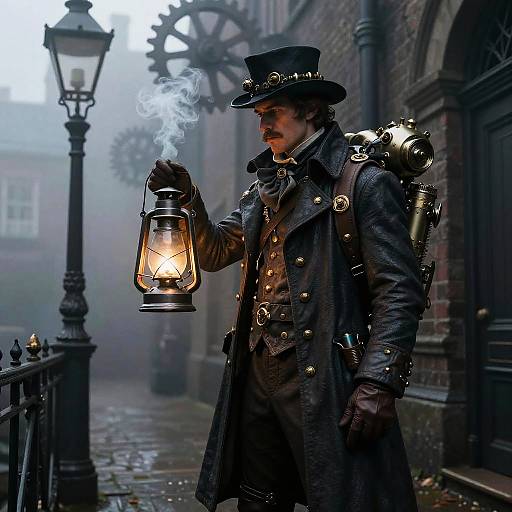 Steampunk man in dark coat, top hat, holding lantern, with gear backpack, standing on misty, foggy, brick alleyway path