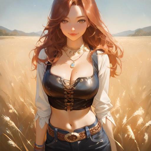 Cheerful Cowgirl in an Open Field
