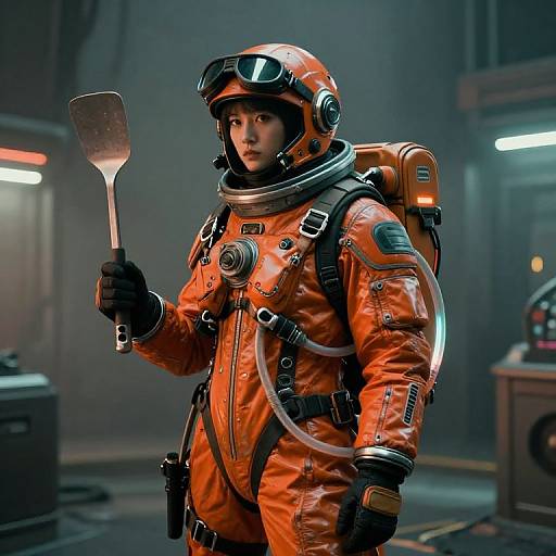 Photorealistic CGI of an Asian woman in an orange space suit holding a spatula, standing in a dimly lit, futuristic laboratory.