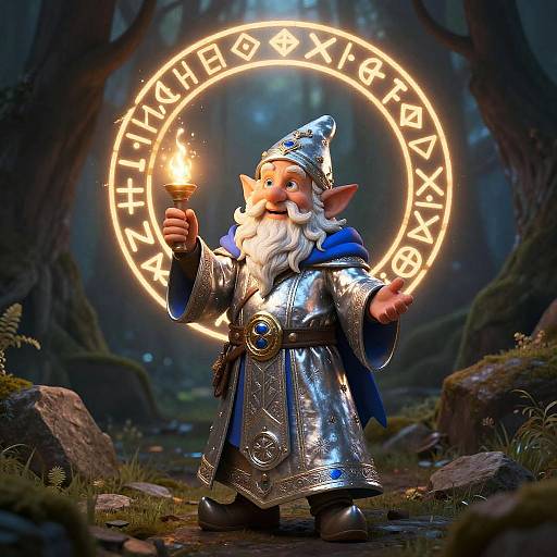 Photorealistic CGI of a silver-clad gnome with a white beard, holding a lit torch, standing in a mystical forest before a glowing rune circle