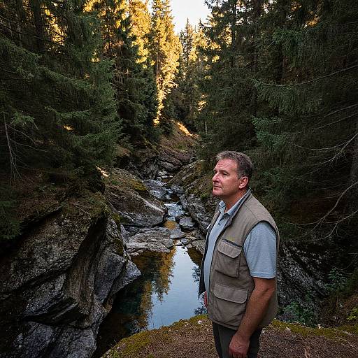 Photograph of a middle-aged man with short brown hair, wearing a light blue shirt and beige vest, standing by a rocky stream in a dense forest