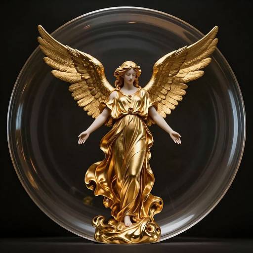 Photograph of a golden winged angel statue with flowing dress, standing centered against a large, reflective circular glass backdrop.