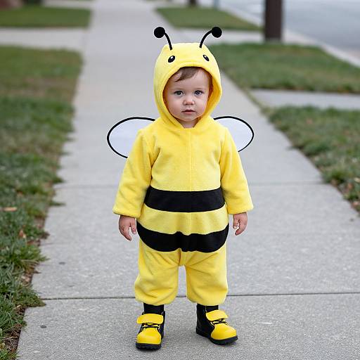 Photograph of a young boy standing on a concrete sidewalk, wearing a yellow bee costume with black stripes, antennae, wings, and yellow shoes,
