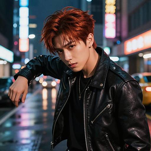 Photograph of a young, pale-skinned man with short, red hair and black leather jacket, leaning forward in a neon-lit, rainy city
