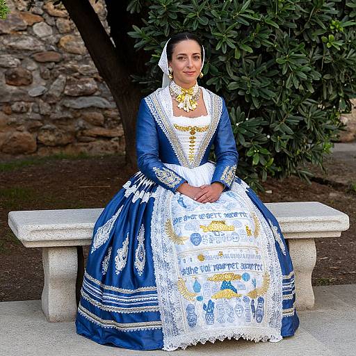 Photograph of a woman in a traditional blue and white embroidered Spanish dress, sitting on a stone bench, with a stone wall and greenery in the