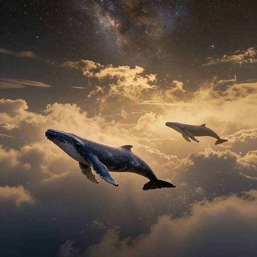 Photograph-like digital art of a large whale and small dolphin swimming through a golden, cloudy sky with a starry galaxy backdrop.