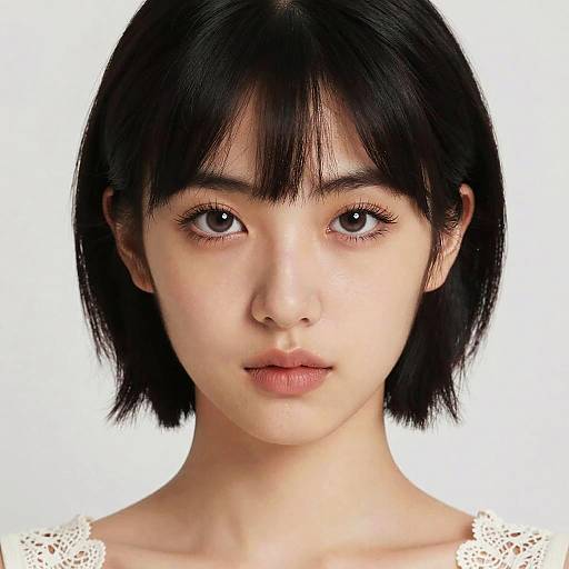 Photograph of an East Asian woman with short black hair, straight bangs, fair skin, and brown eyes, wearing a white lace top, against