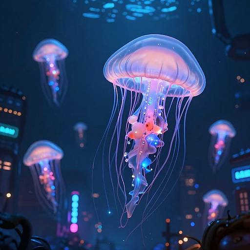 Bioluminescent Jellyfish Over Subterranean City