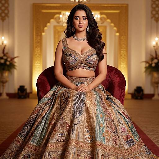 Photograph of a dark-haired woman with medium brown skin, wearing an ornate, patterned traditional Indian ensemble with a crop top and full skirt,