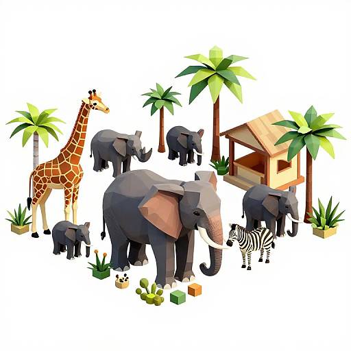 Digital illustration of various polygonal-style animals including a giraffe, elephants, zebra, and palm trees near a small wooden hut. Bright, colorful