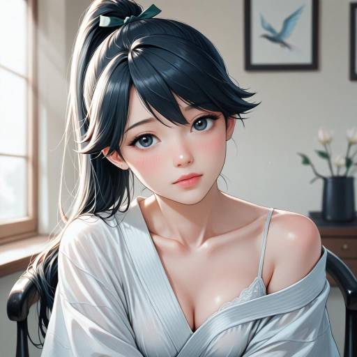 Cute Girl with Black Ponytail and Blush