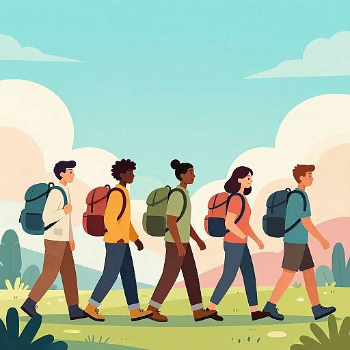 Diverse Hikers Against Stylized Sky