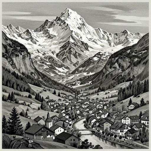 Black-and-white ink drawing of a quaint Alpine village nestled at the base of towering, snow-capped mountains with detailed tree-lined valleys.