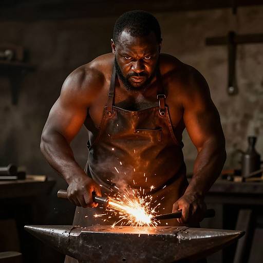 Photograph of a muscular, black man with short hair and beard, wearing a black leather apron, wielding a hammer to spark an anvil in