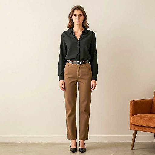 Woman in Black Blouse and Brown Pants