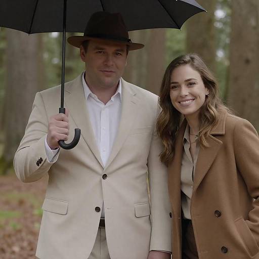 Photograph of a smiling couple in a forest; man in beige suit and brown hat holding black umbrella, woman in brown coat.