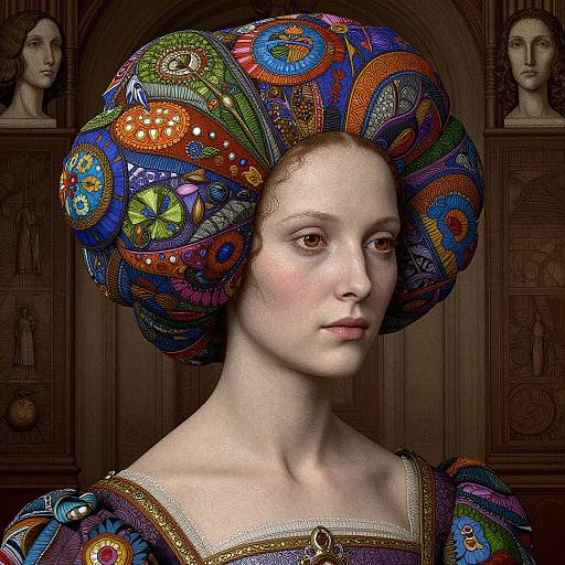 Digital portrait of a pale-skinned woman with a colorful, intricate headdress and Renaissance-style dress, set against a dark, ornate background.