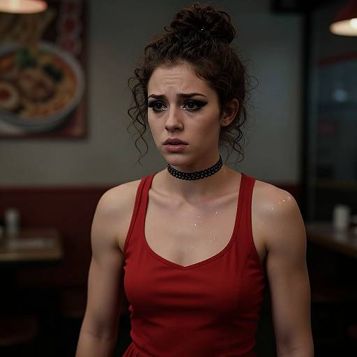 Afraid Female Bodybuilder in Red Dress