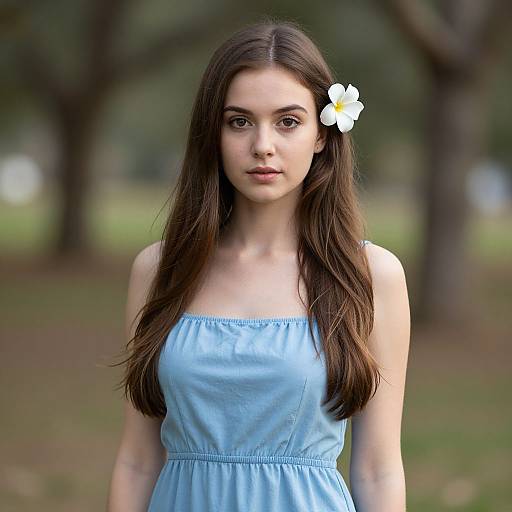 Photograph of a young woman with long brown hair, wearing a light blue strapless dress and a white flower in her hair, standing in a blurred