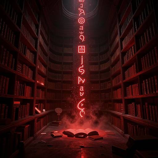 Digital art: Dark, red-lit library with towering shelves of books, glowing red text 