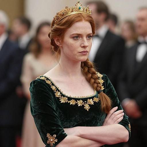 Photograph of a fair-skinned redhead woman with a braided ponytail, wearing a gold crown, green velvet dress with gold floral embroidery, arms