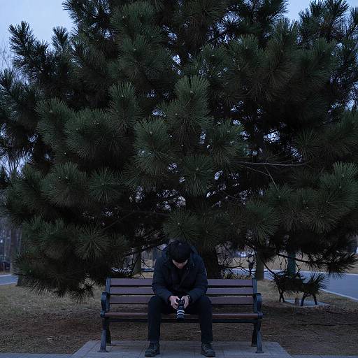 Photograph of a person in a black coat and hat, sitting alone on a bench under a large, dark green pine tree in a park, with
