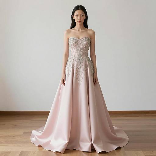 Asian Woman in Strapless Pink Ball Gown