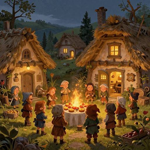 Whimsical digital illustration of children in rustic clothing gathering around a glowing campfire in front of two thatched cottages at night.