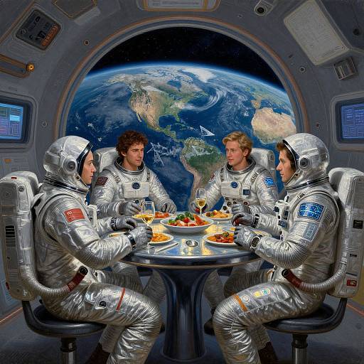Five astronauts in silver spacesuits dining at a round table with a stunning Earth view through a space station window.