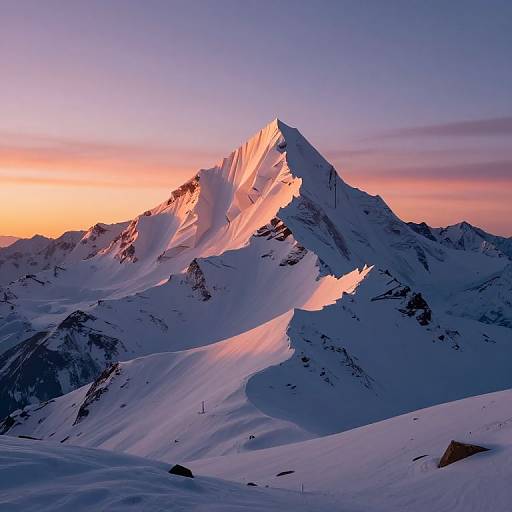 Photograph of a snow-covered mountain peak illuminated by a pink and orange sunset, casting vibrant light on the jagged, white slopes.