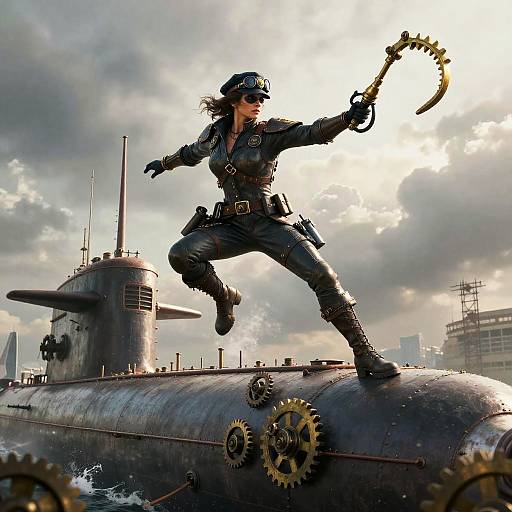 Steampunk Agent Leaping Onto Submarine